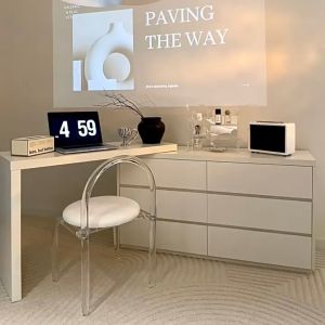 Master Hom โต๊ะเครื่องแป้ง Dressing Table ตั้งโต๊ะขยายได้ 83-180 ซม มีลิ้นชัก เดสก์ท็อปสามารถหมูนได้ 360° พื้นที่เก็บข้อมูลขนาดใหญ่ สไตล์ครีมฝรั่งเศส