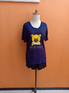 atasan kaos wanita biru tua navy motif bear L cewek blouse lengan pendek santai
