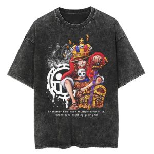 Bandai | Men Casual Washed Harajuku T-shirt Washed Japanese Anime One Piece Graphic Loose Streetwear Black Tops Tees