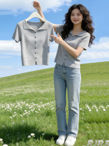 Shalldoer | Korean Style Gray Collar Short Sleeve Knitwear