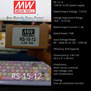 Mean Well RS-15-12 (12V 15W 1.3A) Single Output Switching Meanwell Power Supply - Original - 1 Year Warranty