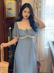 Elegant Blue Floral Print Dress with Puffy Sleeves Flattering plus Size Summer Cool Casual High Waist Long Skirt Womens Dress