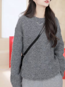 QINGNAER | Simple Elegant Womens Loose Knitwear Round Neck Long Sleeve