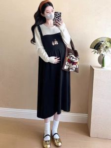 Thời Trang Sành Điệu Pháp Rộng Rãi Đồ Bà Bầu Đầm Trang Phục Mùa Thu Chắp Vá Dài Váy Dáng Chữ A Hình Bóng Polyester Chất Liệu Cổ Tròn