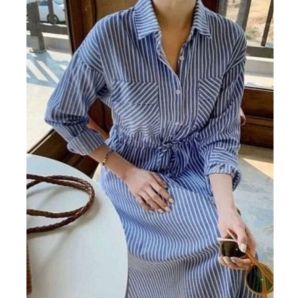 ●ECLAIRE● 063 Dress Midi Katun Salur Lengan Panjang Longsleeves Pocket Drawstring Motif Salur Stripe Garis-garis Kasual Casual Korea Kerja Basic Mode lmi