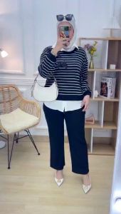 Setelan Wanita Kaos Knit Rajut Import Salur Pita Terbaru Termurah COD