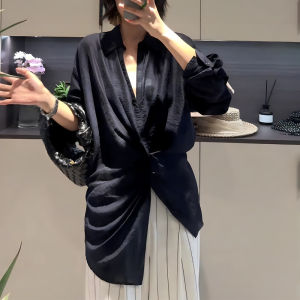 UYFY | Áo sơ mi nữ màu xanh lam mùa thu thiết kế nhỏ thời trang cao cấp cỡ lớn thường ngày cổ tròn tay dài thường