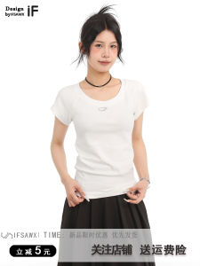 White U-Neck Short Sleeve Slim Fit T-Shirt Women Summer Waist-Cinching Small Size Appears Thin High Neck Short Length Top