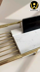 WoraSri SS626 ถาดชั้นวางของพาดอ่างอาบน้ำปรับยืดหดได้ 70 – 90 ซม. สแตนเลส 304 หินอ่อนสีดำ Brushed Gold Bathtub Shelf