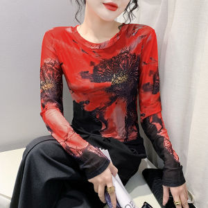 Yimei 2023 mùa thu cổ tròn mới lưới dài tay Hàng Đầu lưới vị trí áo thun in hình của phụ nữ ôm vừa thời trang áo thun
