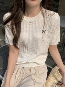 Elegant Embroidered Ice Silk Knitted Top Short Sleeve round Neck Loose T-Shirt Korean Style Straight Cut Summer Fashionable Blouse