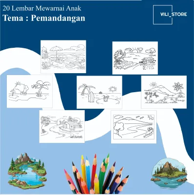 20 Lembar Kertas mewarnai pemandangan untuk anak paud TK dan SD