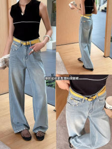 Light Blue High Waist Distressed Wide Leg Denim Jeans Womens Loose Casual Straight Leg Floor-Length Pants