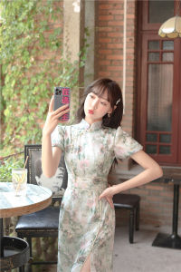 Shujin Summer New Style Slimming Chiffon Daily Wear Girls Dress Improved Stand Collar Bodycon Cheongsam Dress Elegant Floral Pattern