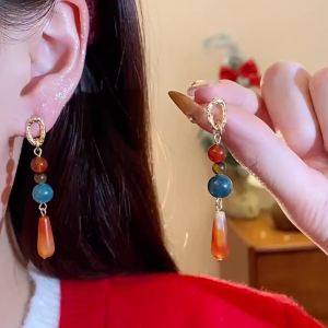 Retro Natural Stone Jade Earrings for Women Chinese Style Water Drop Beads Earrings with Long Tassel Female Ear Accessories K1