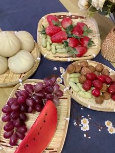 Rustic Bamboo Serving Tray - Round Snack Basket for Kitchen & Dining Perfect for Fruit Vegetables and Breakfast