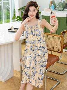 ชุดนอนผู้หญิงแขนกุดผ้าไหมคอตตอนสไตล์ญี่ปุ่น ชุดนอนฤดูร้อน ชุดนอนแขนกุด ชุดนอนผ้าไหมคอตตอน ชุดนอนสตรี