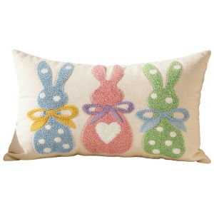 30x50cm Rabbit Embroidered Throw Pillow Cover Linen Plush Cute Stamping Waist Cushion Cover Decor Home Easter Bunny Pillowcase