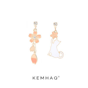 Womens Summer Personalized Sakura Cat Sterling Silver Earrings