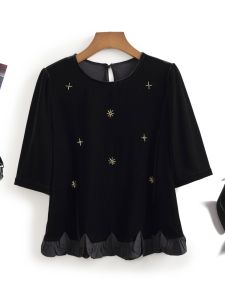 เสื้อเชิ้ตผู้หญิงผ้ากำมะหยี่สไตล์ฝรั่งเศสย้อนยุค ดีไซน์ปักลูกปัด แขนยาว คอกลม กระดุมแถวเดียว ทรงหลวม ฤดูใบไม้ร่วง