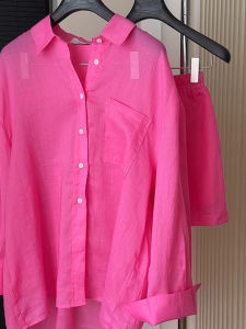 chaqi | Slimming Loose Fitting Blush Pink Linen Shirt