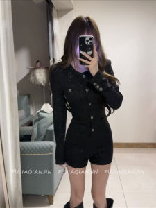 French Style Long Sleeve Black One Piece Suit for Women Autumn Season Slimming Pants Ensemble Fashionable And Elegant