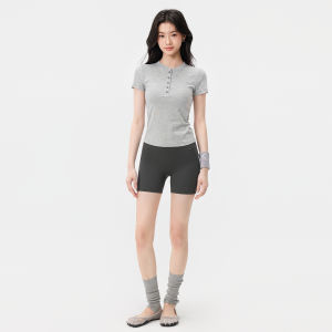 aziztas | Henry Neck Button Yoga Wear Moisture Wicking Elastic T-Shirt