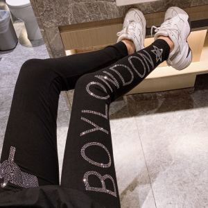Fleece-lined Thin Velvet High Waist Leggings Outwear Letters Stretch Pants Autumn Womens Rhinestone Close-Fitting Thick Rhinestone Long Johns