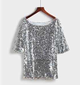 Shiny Sequin Short Sleeve T-shirt Summer Slimming Versatile round Neck Mid-Sleeve Base Shirt