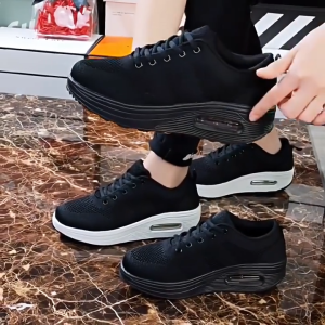 Sneakers For Women Fly Woven Black Rubber Shoes Thick Bottom Slip On Wedge Shoes Lady Lace Up Shoes