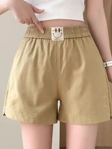 High Waist Embroidered Casual Shorts Womens A-Line Wide Leg Pants Slimming Sporty Hot Pants Summer 2025 Korean Style Cotton Blend