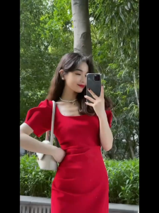 IELGY Red dress womens high-end slimming dress long dress
