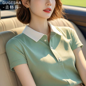 เสื้อยืดคอโปโลแขนสั้นทรงหลวมสำหรับผู้หญิงในช่วงฤดูร้อน สไตล์ฝรั่งเศส ทรงสลิมฟิต เสื้อผ้าทำงาน ทรงตรง สีเขียว วัสดุโพลีเอสเตอร์