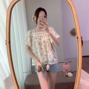 Square Neck Floral Chiffon Blouse for Women 2025 Summer New Korean Style Slimming Puff Sleeve Lace Trim Top