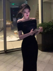 Elegant Black One-Shoulder Bodycon Dress Korean Style High Waist Long Skirt Slimming Waist Cinched Summer Womens Dress