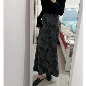 กระโปรงทรงเอเอวสูงสีดำสไตล์วินเทจผูกโบว์ กระโปรงยาวคลุมเข่าสำหรับผู้หญิงไซส์ใหญ่ กระโปรงทรงเอเอวสูง