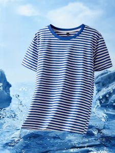 ROMON | Lormen Mens Ice Silk Short Sleeve T-Shirt Summer Stripe Casual Cotton Base Layer Top Fashion Urban Standard Fit Printed Tee