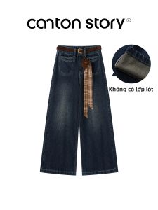 Cantonstory | Quần Jeans Xòe Cao Cổ Màu Xanh Vintage