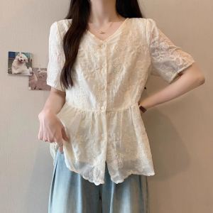 Fashionable French Lace Shirt Womens plus Size Short Sleeve Embroidery Slimming High-End Feel Summer New Arrival Top