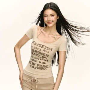 Áo Thun Tay Ngắn Ôm Vừa Vặn Phong Cách Mỹ Cổ Tròn Thường Ngày Mùa Hè Mới Về Cho Nữ Ariseism Thiết Kế Gợi Cảm Áo Thun Giả Hai Mảnh