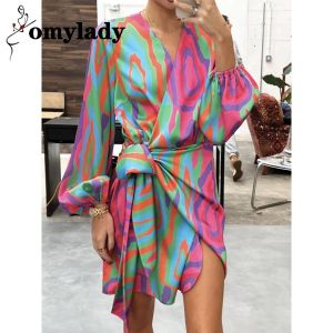 Printed V-Neck Lace Up Dress loral Lantern Sleeve Split Hip Package Ladies Dresses Summer Elegant Female Vestido
