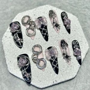10Pcs Handmade Nails Black Pink Long Pointed False Nails Y2K Sweet Cool Handmade Wearable Nails Pink Diamond Bear Bow Nails Art