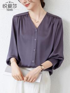 French V-neck Silk Shirt Women Long Sleeve Spring Heavy  Silk Top Professional Commute Solid Color Shirt OL Style Straight Cut