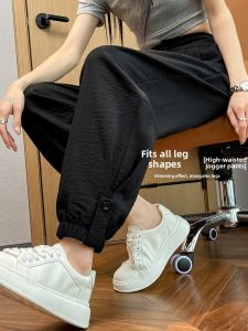 Womens Cotton Linen Sports Pants Summer Thin Ice Silk Cool Quick Dry Loose Casual Harlan Pants New 2025 High Waist Nine Points