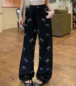 S-6XL Celana Denim Panjang Wanita Jeans Lurus Celana Pinggang Tinggi Kaki Lebar Motif Kupu-kupu