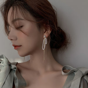 Exaggerated Pearl Tassel Earrings French Style Elegant Fairy Atmosphere No Piercing Mosquito Coil Ear Clip Womens Jewelry