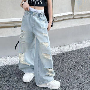 Girls Summer Thin Denim Jeans High Waist Wide Leg Pants High Fashion Torn Casual Long Trousers for 13 Years Old Children