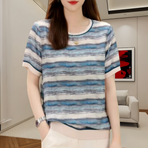 Lightweight Breathable Ice Silk Cotton Short Sleeve T-Shirt Womens Loose Fit Printed Casual round Neck Top for Summer