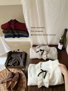 French Accordion Pleated Butterfly Knot Knitted Sweater Womens Autumn Outerwear Simple Retro Turn-down Collar Gentle Long Sleeve Top