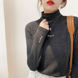 Fleece Lined Half High Neck Base Shirt Womens Thickened Long Sleeve T-Shirt Autumn Winter Inner Wear Casual Style Printed